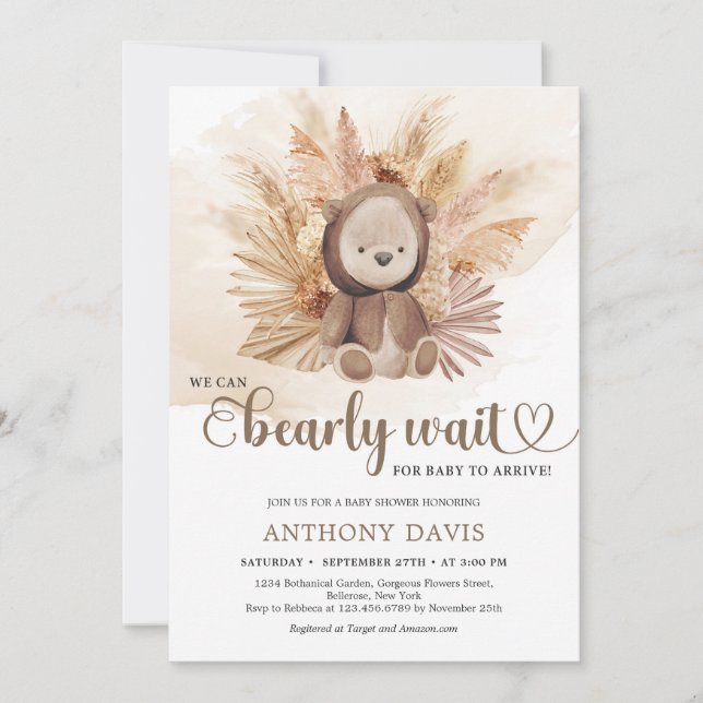 Gender neutral baby bear sweatshirt pampas grass invitation (Front)