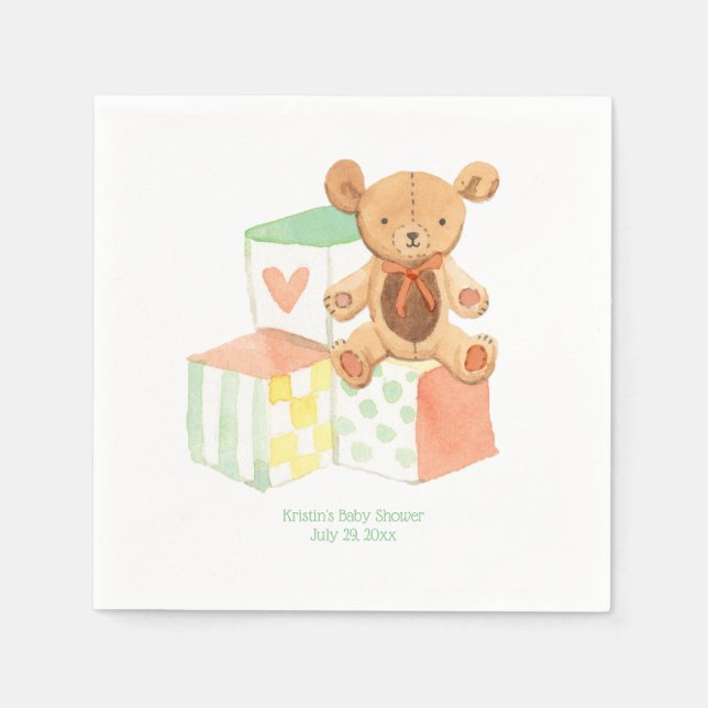 Gender Neutral Baby Blocks and Teddy Bear Shower Napkins (Front)