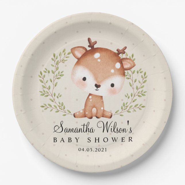 Gender neutral Baby Fawn Little Deer Baby Shower Paper Plates (Front)