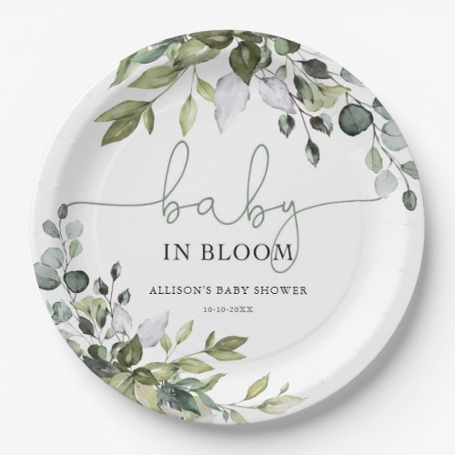 Gender neutral Baby in Bloom greenery baby shower Paper Plates