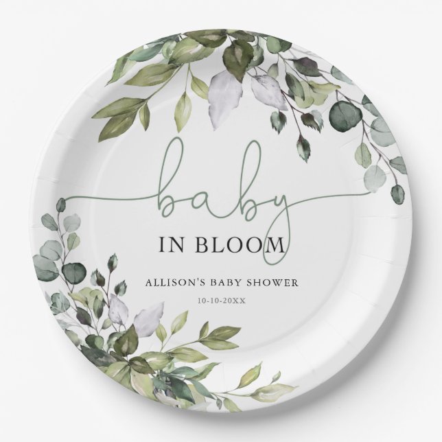 Gender neutral Baby in Bloom greenery baby shower Paper Plates (Front)