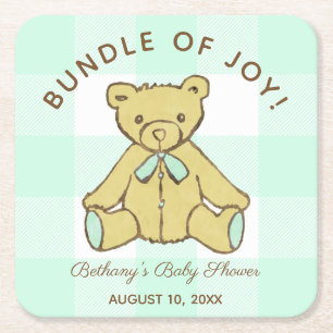 Gender Neutral Baby Shower Bear Mint Green Square Paper Coaster