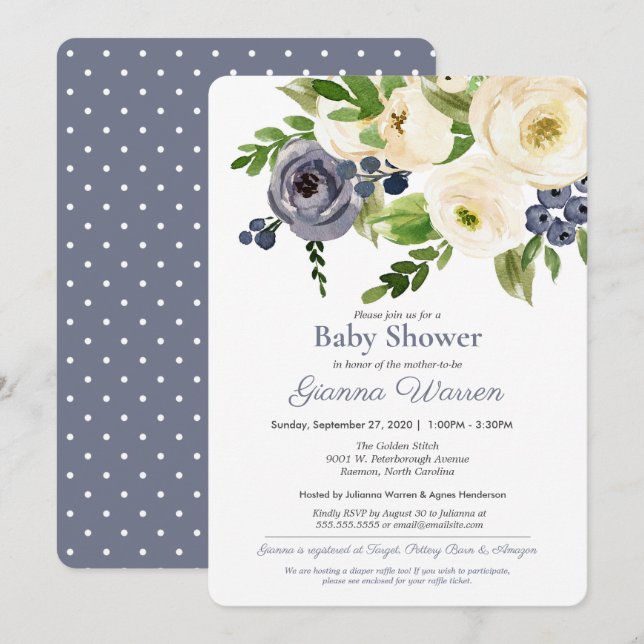 Gender Neutral Baby Shower Blue & Cream Floral Invitation (Front/Back)