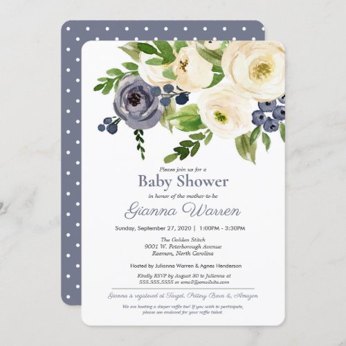 Gender Neutral Baby Shower Blue  Cream Floral Invitation