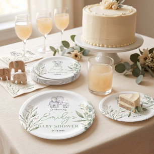 Gender Neutral Baby Shower Elephant Eucalyptus Paper Plates