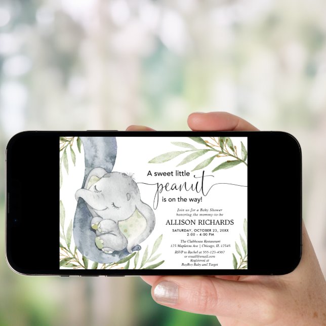 Gender neutral baby shower, elephant greenery gold invitation (Front Digital)