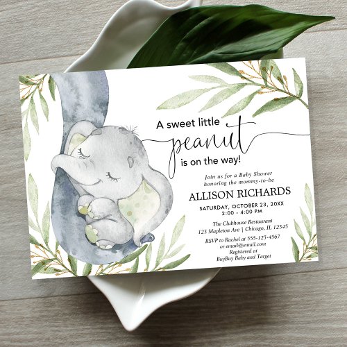 Gender neutral baby shower elephant greenery gold invitation