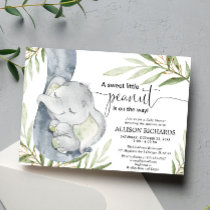 Gender neutral baby shower, elephant greenery gold invitation