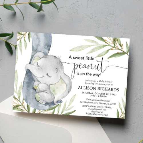 Gender neutral baby shower elephant greenery gold invitation