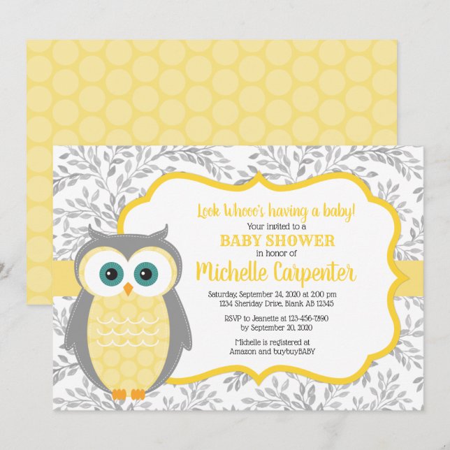 gender neutral baby shower invitation yellow gray (Front/Back)