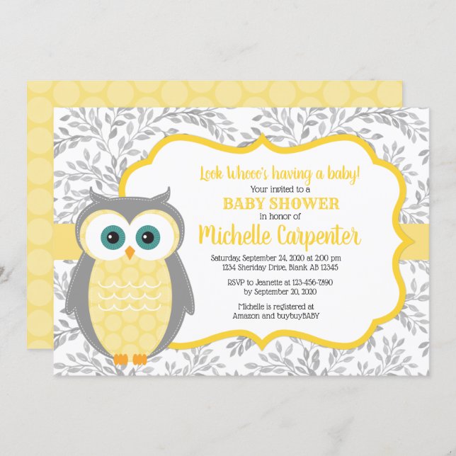 gender neutral baby shower invitation yellow gray (Front/Back)
