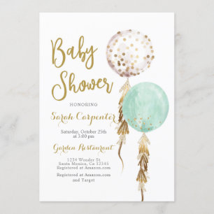 Gender Neutral Baby Shower mint and gold balloons Invitation