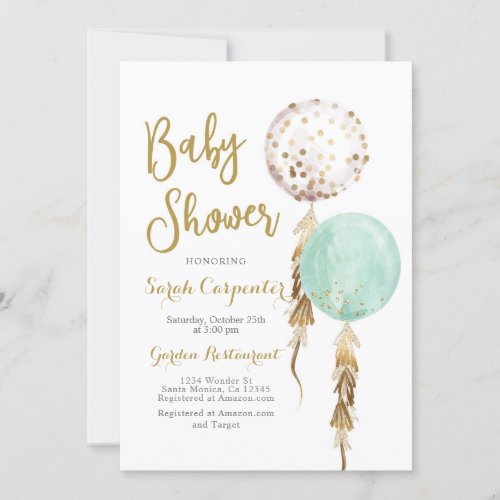 Gender Neutral Baby Shower mint and gold balloons Invitation