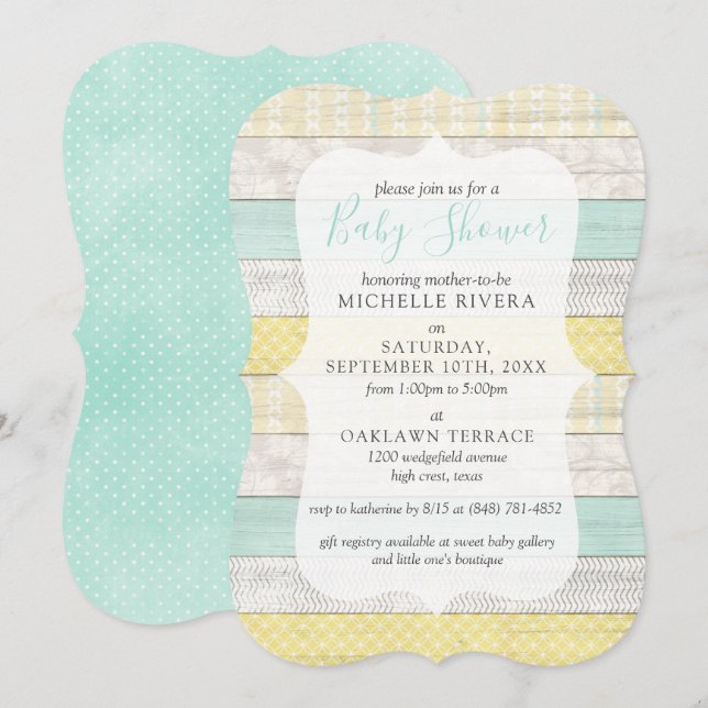 Gender Neutral Baby Shower Mint Yellow Rustic Wood Invitation (Front/Back)