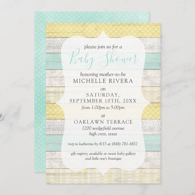 Gender Neutral Baby Shower Mint Yellow Rustic Wood Invitation (Front/Back)