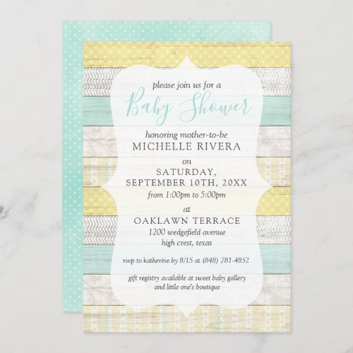 Gender Neutral Baby Shower Mint Yellow Rustic Wood Invitation