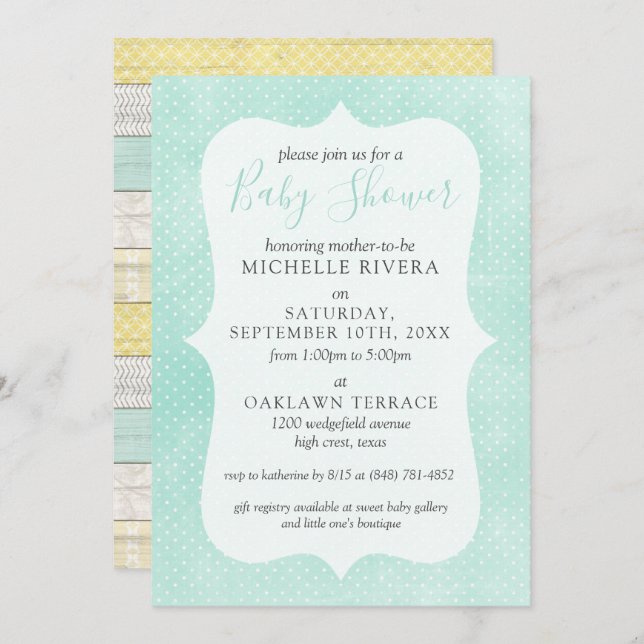 Gender Neutral Baby Shower Mint Yellow Rustic Wood Invitation (Front/Back)