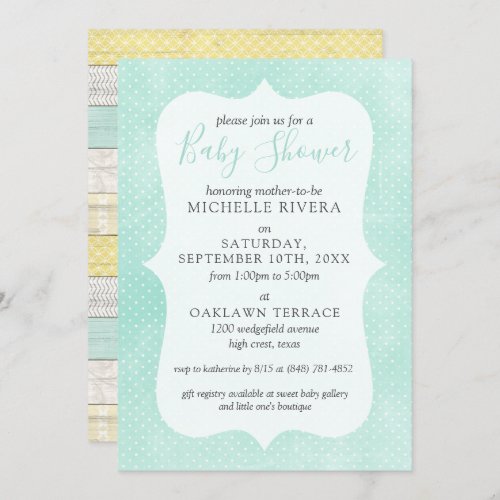 Gender Neutral Baby Shower Mint Yellow Rustic Wood Invitation