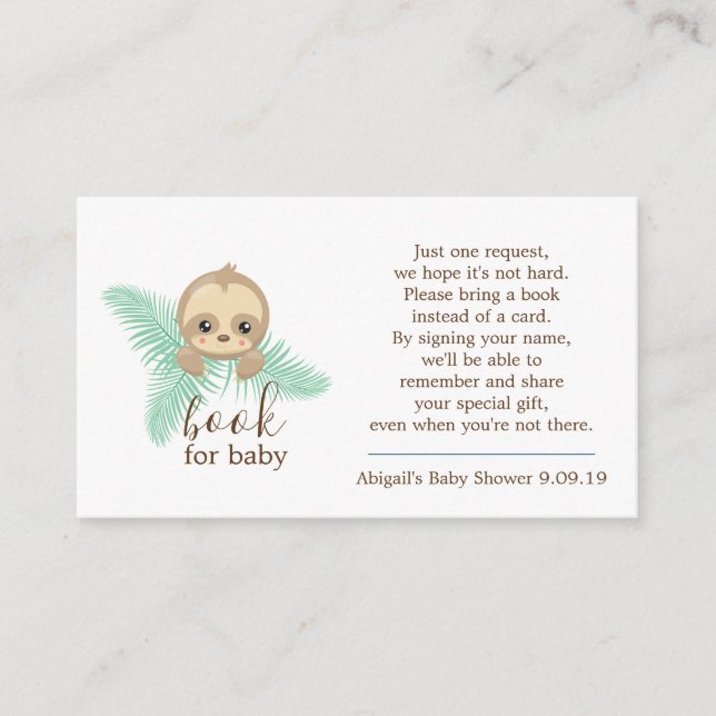 Gender Neutral Baby Sloth Book Request Baby Shower Enclosure Card (Front)