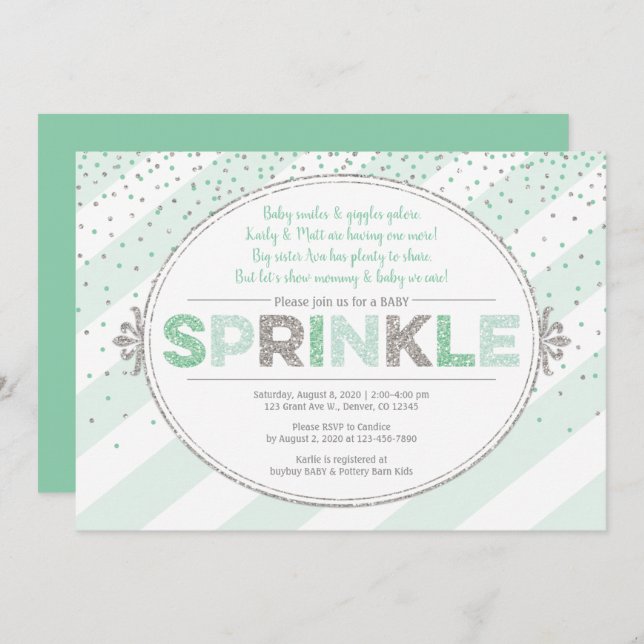 gender neutral baby sprinkle invite green silver (Front/Back)
