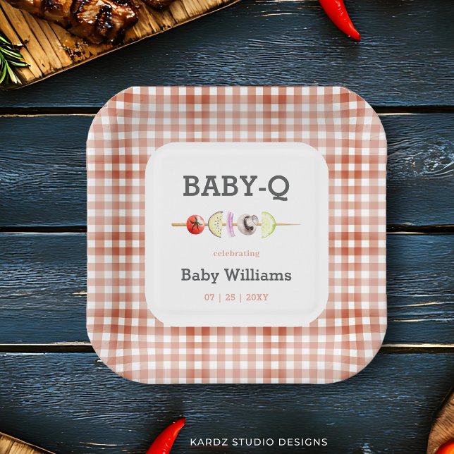 Gender Neutral BabyQ BBQ Baby Shower Paper Plates (Plate shown in 7 inches size. 9 inch also available, personalize before checkout.)
