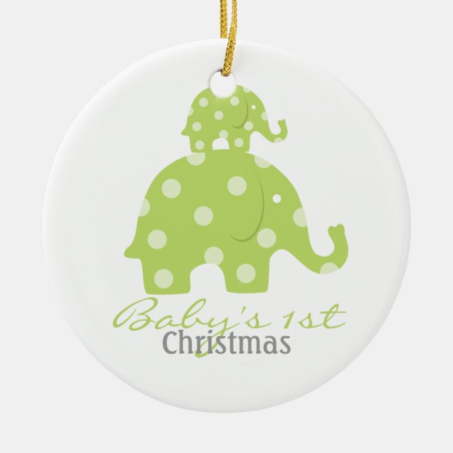 Gender neutral baby's first christmas - elephants ceramic ornament (Front)