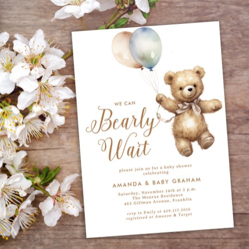 Gender Neutral Bearly Wait Teddy Bear Baby Shower Invitation
