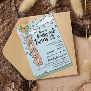 Gender Neutral Beary Cute Twins Baby Shower Invitation