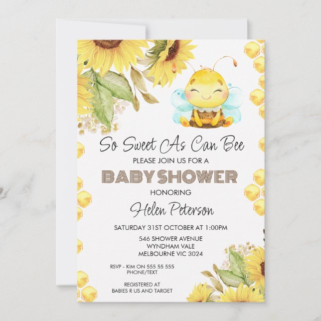Gender Neutral Bee Sunflowers Baby Shower Invitation (Front)