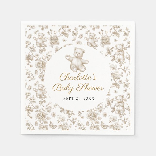 Gender Neutral Beige Teddy Bear Toile Baby Shower Napkins (Front)
