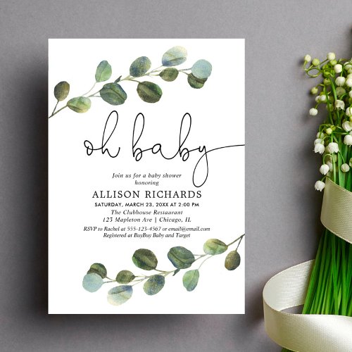 Gender neutral black white eucalyptus simple invitation