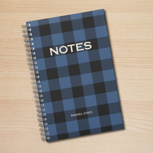 Gender Neutral Blue Buffalo Check Monogrammed Name Notebook (Creator Uploaded)