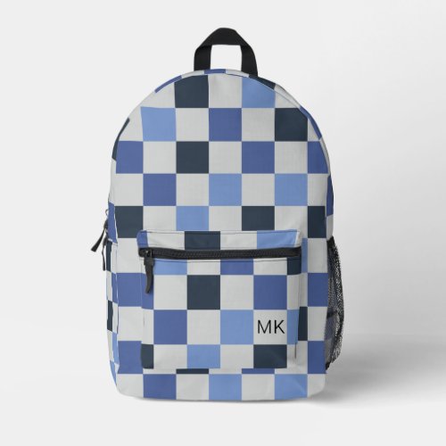 Gender Neutral Blue Checkerboard Monogram Initials Printed Backpack