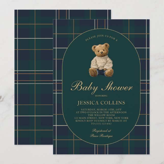 Gender Neutral Blue Green Teddy Bear Baby Shower Invitation (Front/Back)