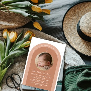 Gender Neutral Boho Arch Cross Photo Baptism Invitation