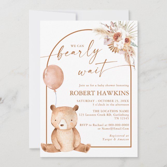 Gender Neutral Boho Bear Baby Shower Invitation (Front)