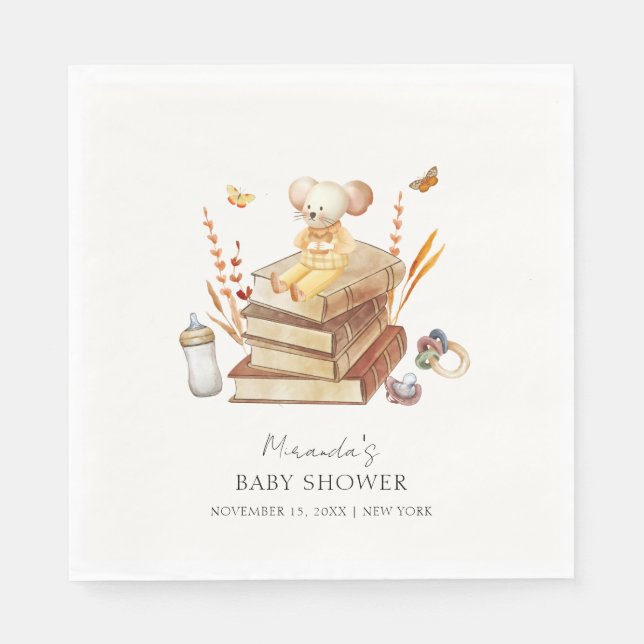 Gender Neutral Boho Book Mouse Baby Shower  Napkins (Front)