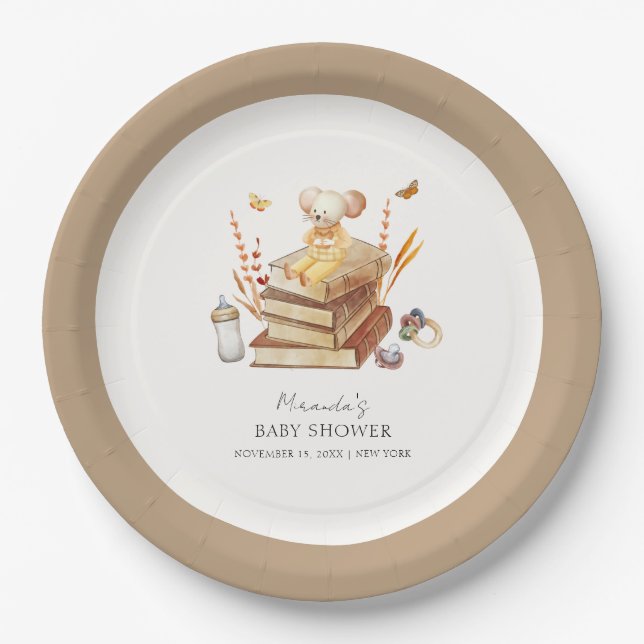 Gender Neutral Boho Book Mouse Baby Shower  Paper Plates (Front)