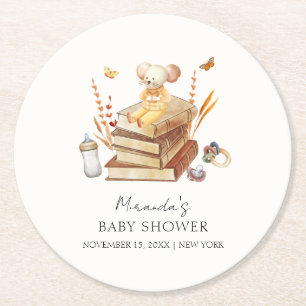 Gender Neutral Boho Book Mouse Baby Shower Round Paper Coaster
