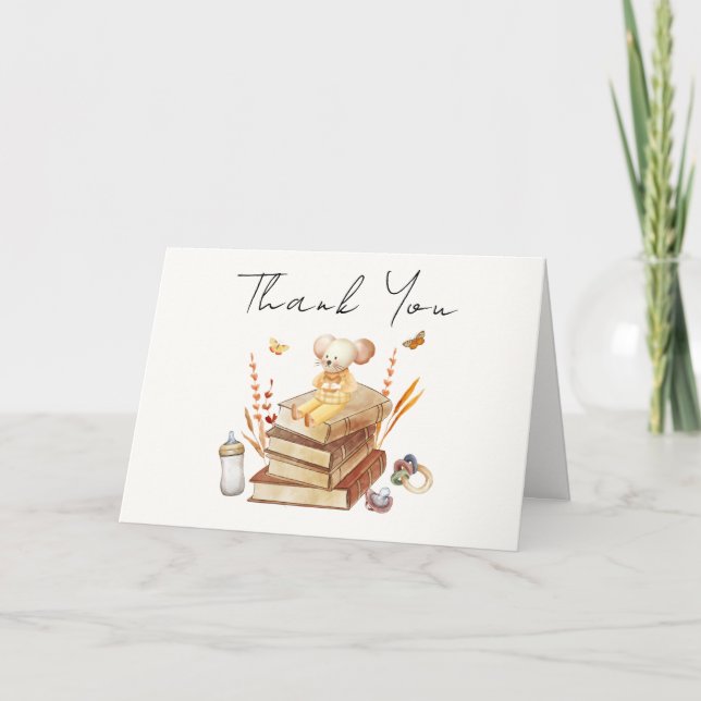 Gender Neutral Boho Book Mouse Baby Shower  Thank You Card (Front)