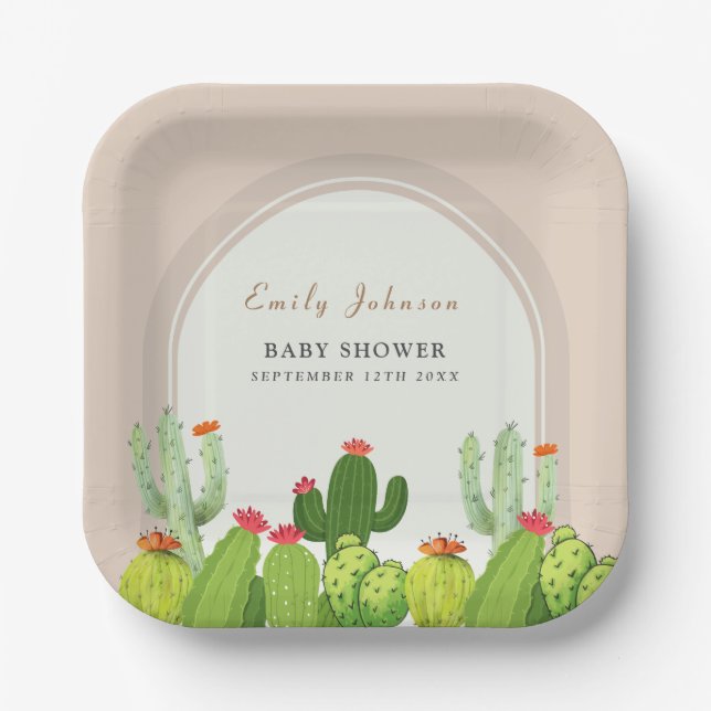 Gender Neutral Boho Cactus Arch Baby Shower  Paper Plates (Front)