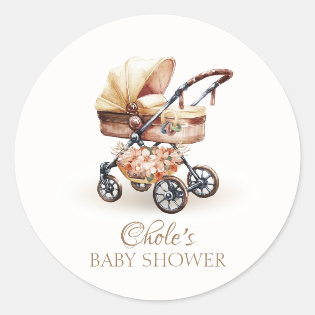 Gender Neutral Boho Floral Stroller Baby Shower Classic Round Sticker (Front)
