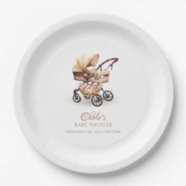 Gender Neutral Boho Floral Stroller Baby Shower Paper Plates (Front)