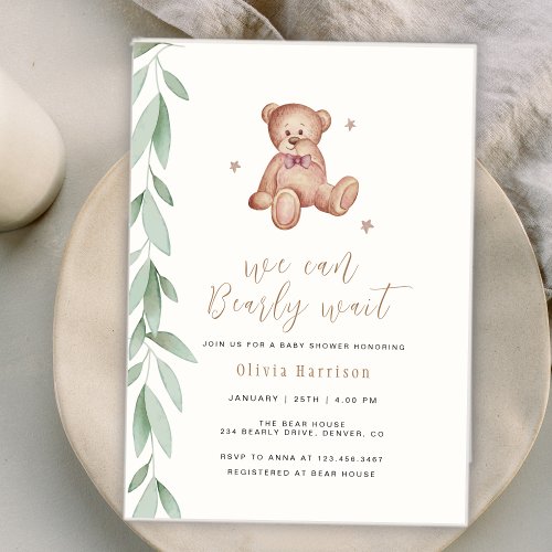 Gender Neutral Boho Greenery We Can Bearly Wait  Invitation