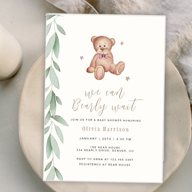 Gender Neutral Boho Greenery We Can Bearly Wait  Invitation (Gender Neutral Boho Greenery We Can Bearly Wait Invitation)