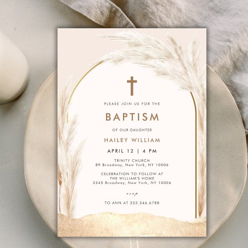 Gender Neutral Boho Pampas Cross Baptism Invitation