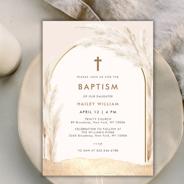 Gender Neutral Boho Pampas Cross Baptism Invitation (Gender Neutral Boho Pampas Cross Baptism Invitation)