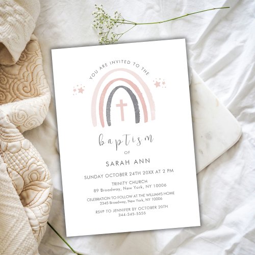 Gender Neutral Boho Rainbow Cross Baptism Invitation