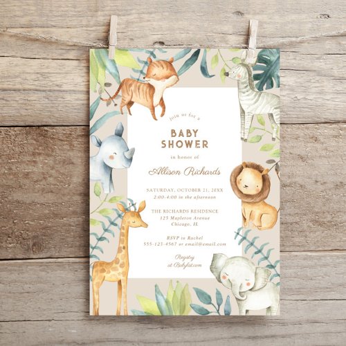 Gender neutral boho safari animals baby shower invitation