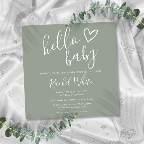 Gender Neutral Boho Sage Green Hello Baby Shower Invitation